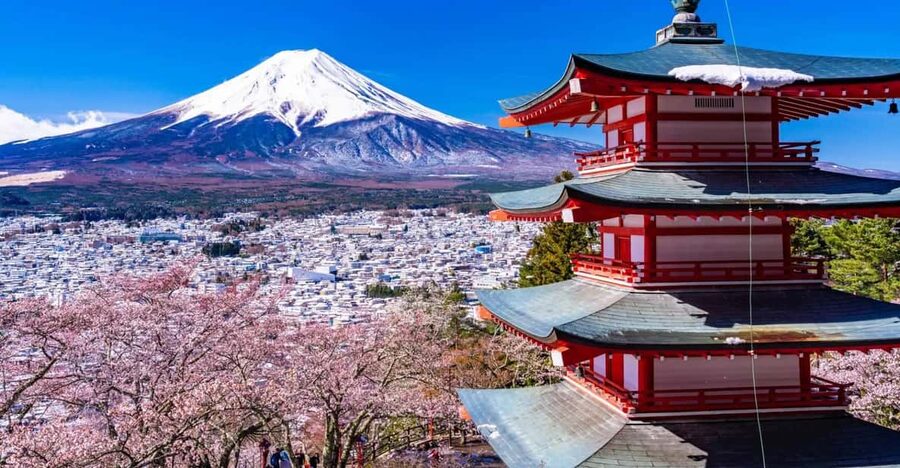 From Tokyo: Fuji Mountain Area - FujiQ - Lake Kawaguchiko - Chureito Pagoda - Oishi Park: the classic Mount Fuji framed by seasonal flowers