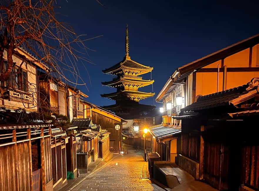 Kyoto: Gion Magical Night Walking Tour with Geisha Trivia - The matchmaking shrine and the illuminated Buddhist pagoda at night