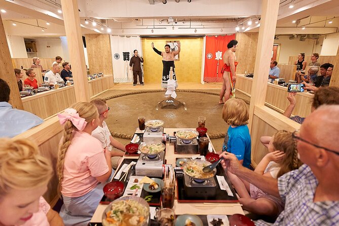 TokyoSumoShow, ChickenHotPot, and Mochi-Pounding by Pro Wrestlers - The show flow: entrance ceremony, performance, then challenges